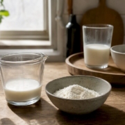 Milk and lactose enzyme powder on kitchen counter