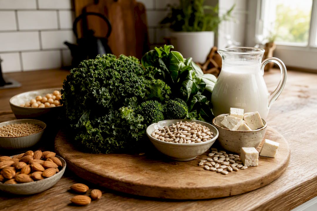 Calcium rich foods on rustic table