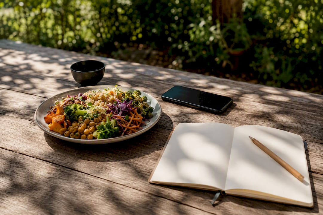 Meal photography setup with diary tools