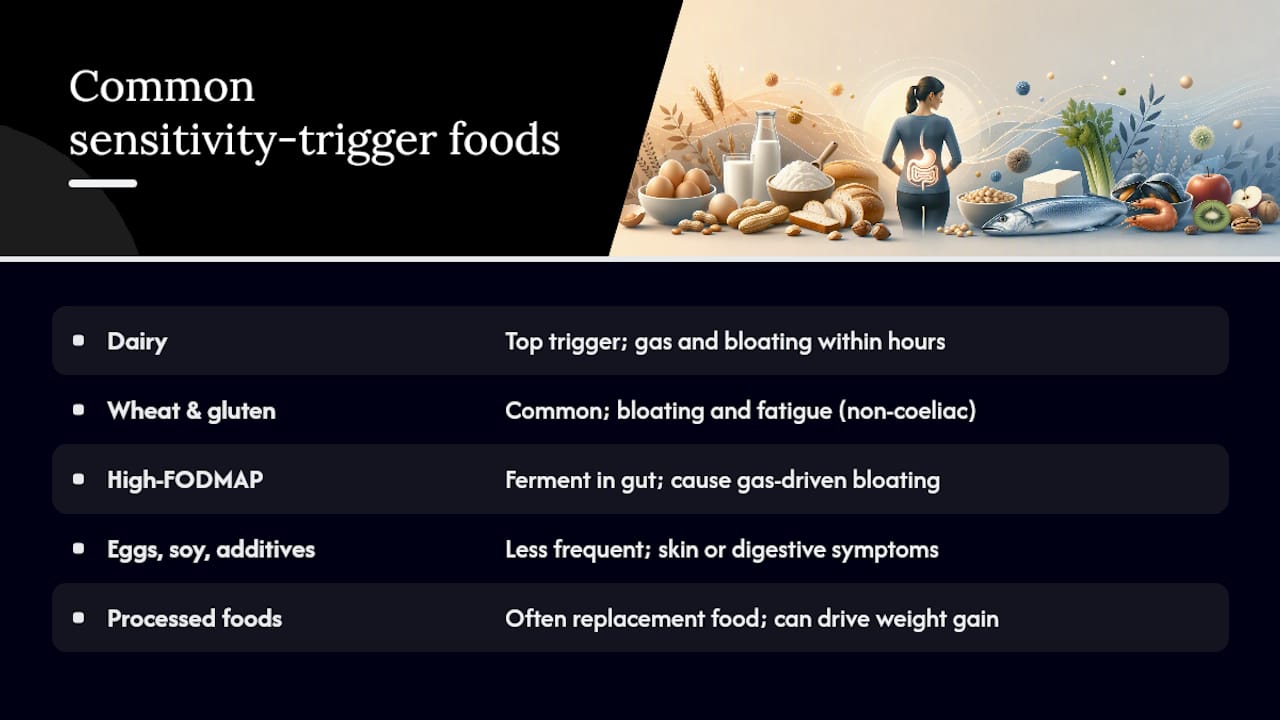 Common foods most likely to cause sensitivities linked to weight-related symptoms — overview diagram