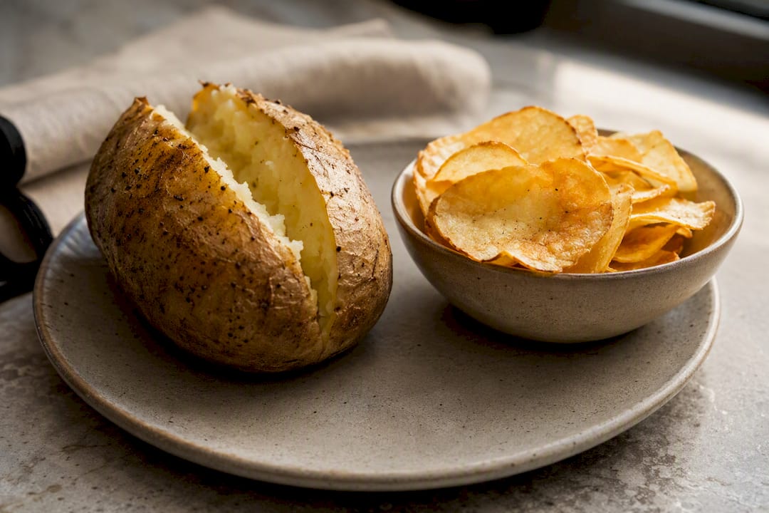 Baked potato beside potato crisps