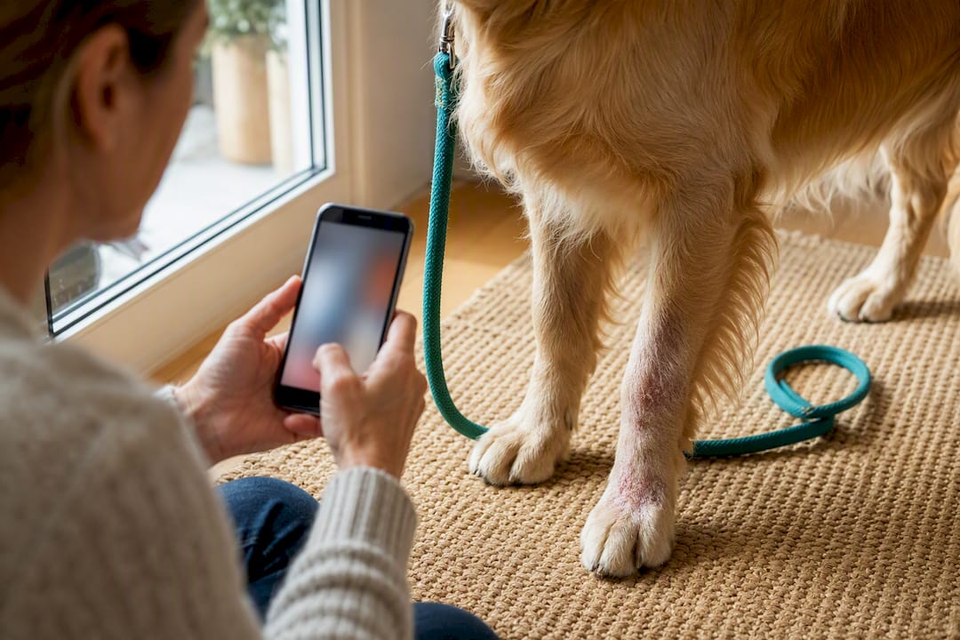 Owner photographing a dog's irritated paw
