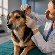 Veterinarian examining a dog's irritated ear