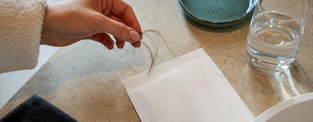 Hand placing hair strands into sample pouch