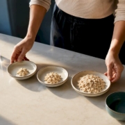 Three food challenge portions arranged in sequence
