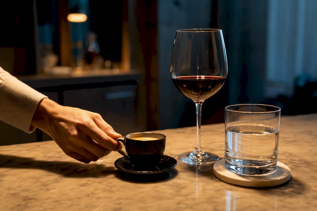 Coffee, red wine and water on table