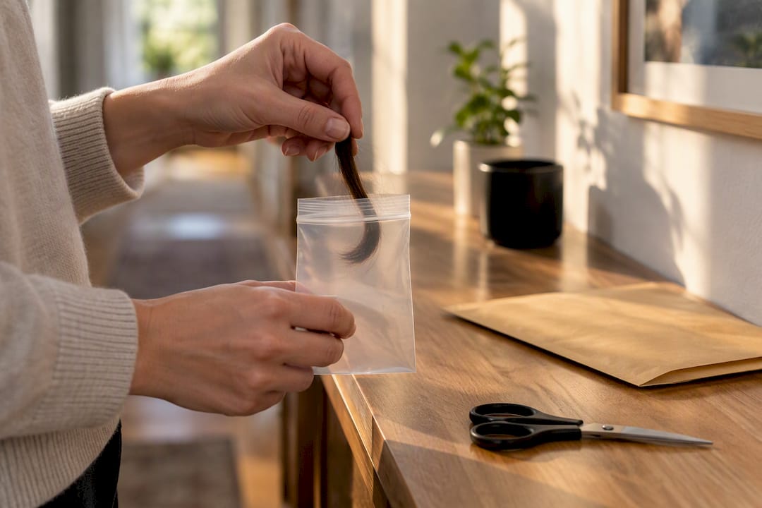 Hands preparing hair sample for laboratory submission