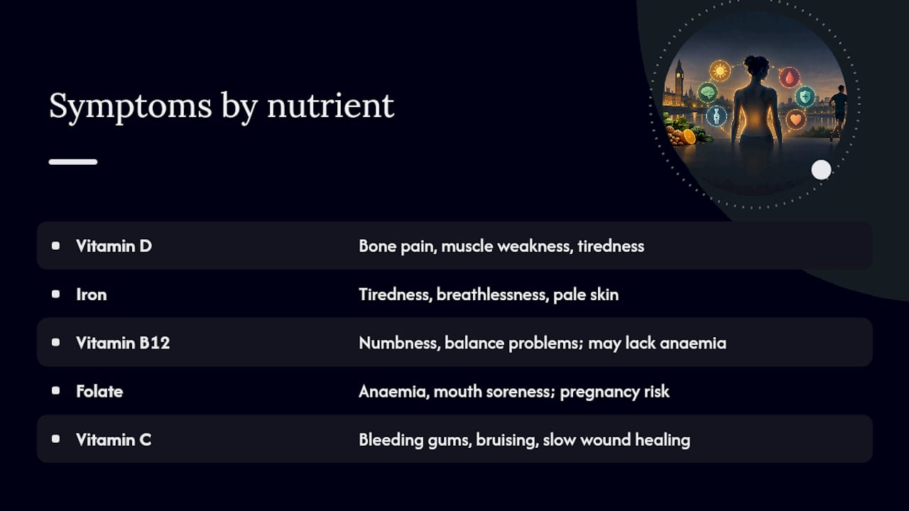 Symptoms by vitamin or mineral — overview diagram