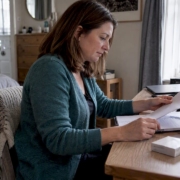 Woman reviewing menopause symptoms at home