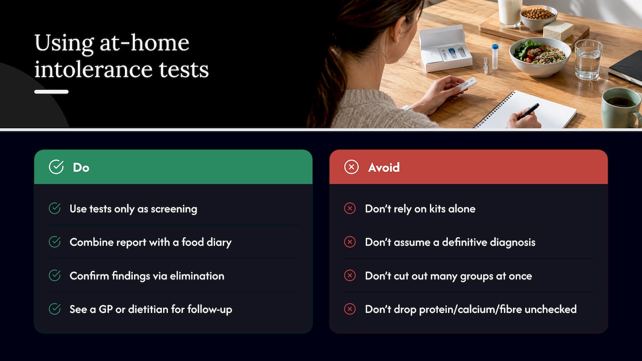 What at-home intolerance tests measure, their limits, and how to use results sensibly — overview diagram