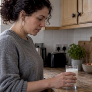 Adult assessing a glass of cow's milk