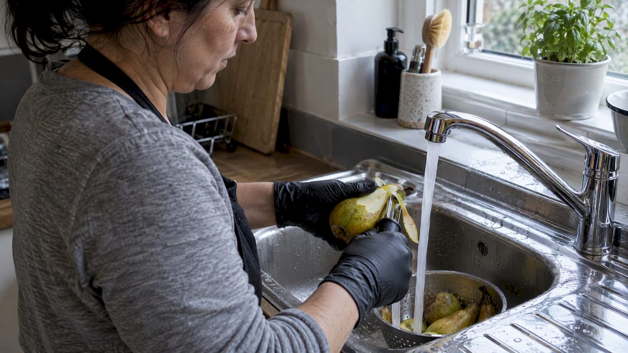 Gloved hands peel a pear beneath running water