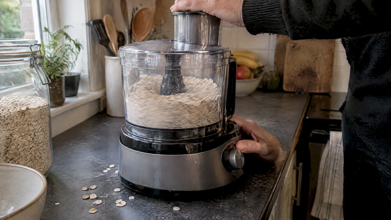 Food processor grinding rolled oats finer