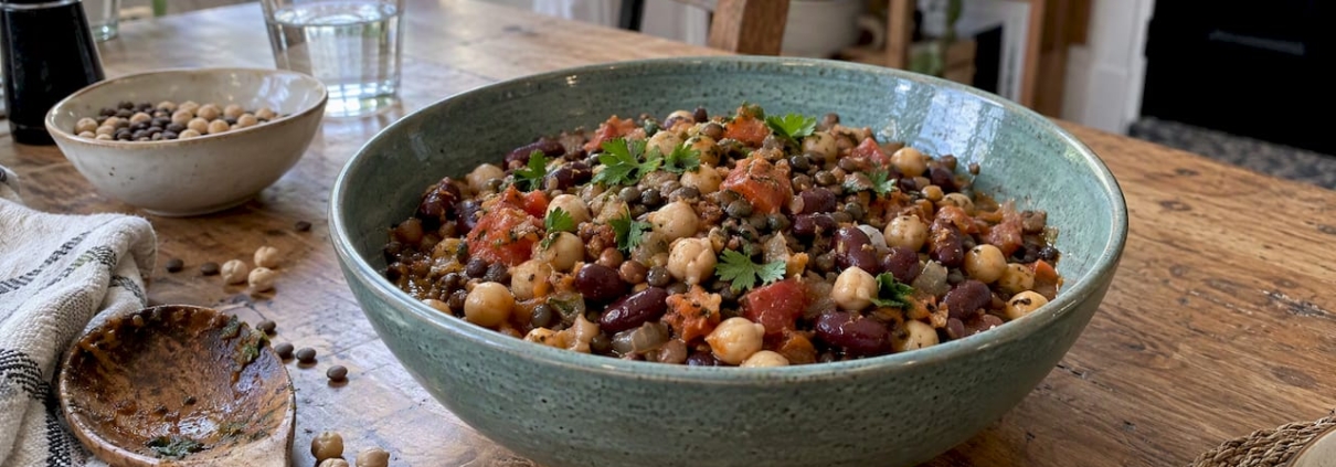A bowl of beans, lentils and chickpeas