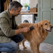 Man brushing a dog to collect loose fur