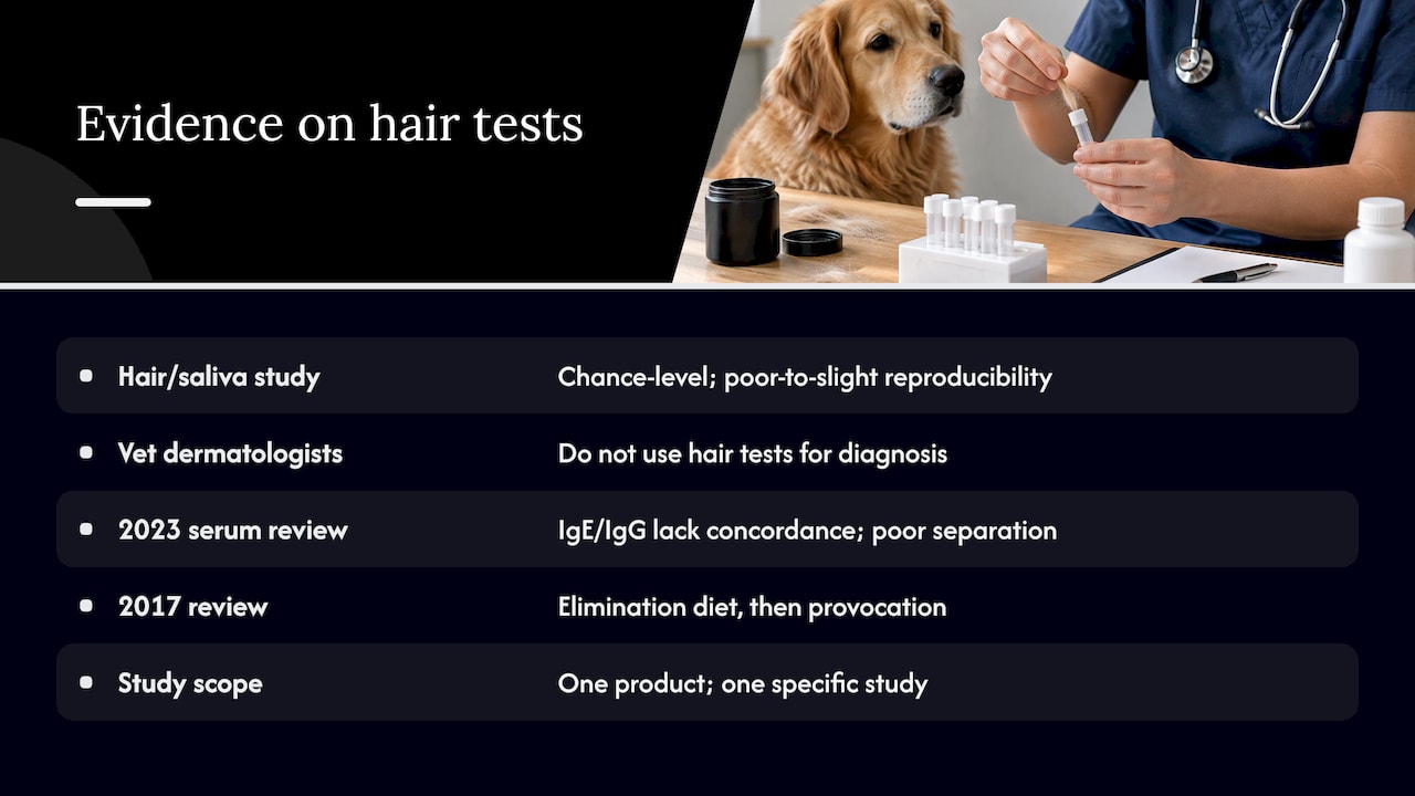 What the evidence says about hair tests in dogs — overview diagram